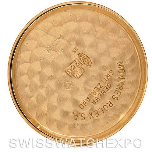 The image shows the inside of the case back of a Rolex Cellini 5115 Yellow Gold Black Dial 5115 Yellow Gold Black Dial watch, displaying engravings and hallmark details.