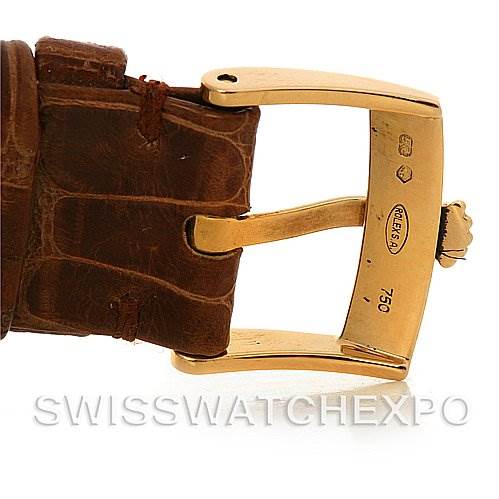 This image shows the buckle and strap of a Rolex Cellini 5115 Yellow Gold Black Dial 5115 Yellow Gold Black Dial watch from a side angle.