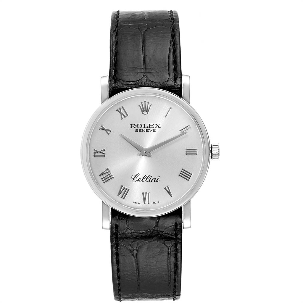 The image shows a front view of the Rolex Cellini 5115 Men's White Gold Silver Dial 5115 Men's White Gold Silver Dial model, displaying its dial, case, and black leather strap.
