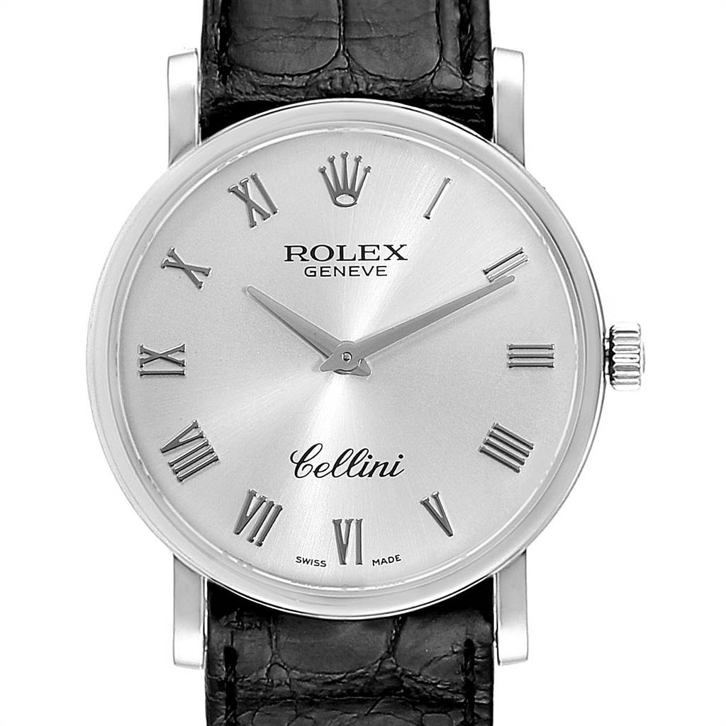 The image shows a frontal view of the Rolex Cellini 5115 Men's White Gold Silver Dial 5115 Men's White Gold Silver Dial watch, highlighting its face, Roman numeral markers, and crown.