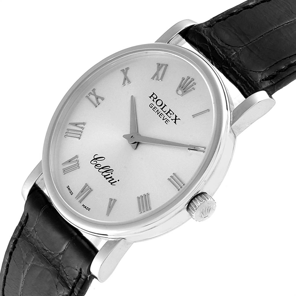 This image shows a Rolex Cellini 5115 Men's White Gold Silver Dial 5115 Men's White Gold Silver Dial watch at a slight angle, highlighting the dial, crown, and leather strap.