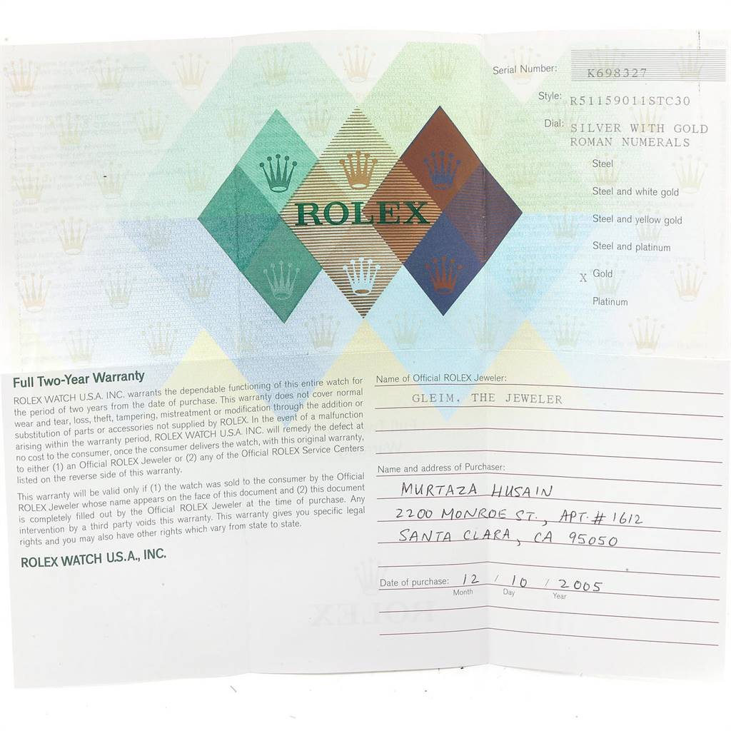 This image shows a warranty card and purchase information for a Rolex Cellini 5115 Men's White Gold Silver Dial 5115 Men's White Gold Silver Dial watch model R5115901.