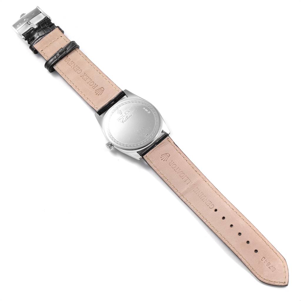 This image shows the back view of a Rolex Cellini 4233 Men's White Gold Black Dial 4233 Men's White Gold Black Dial watch, highlighting the case back and the leather strap.