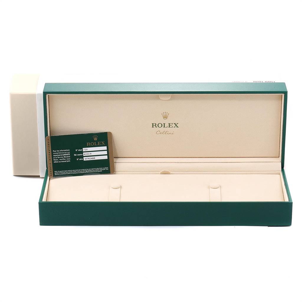 The image shows an open Rolex Cellini 4233 Men's White Gold Black Dial 4233 Men's White Gold Black Dial watch box with a warranty card inside.