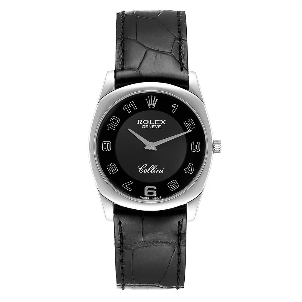 The image shows a front view of a Rolex Cellini 4233 Men's White Gold Black Dial 4233 Men's White Gold Black Dial watch, displaying its black dial, silver casing, and black leather strap.