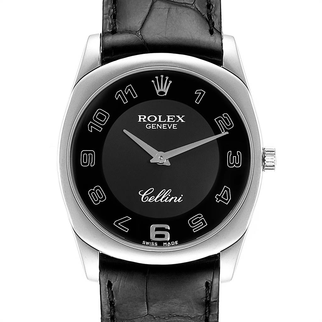 This image shows a front view of a Rolex Cellini 4233 Men's White Gold Black Dial 4233 Men's White Gold Black Dial watch displaying the face, dial, and part of the leather strap.
