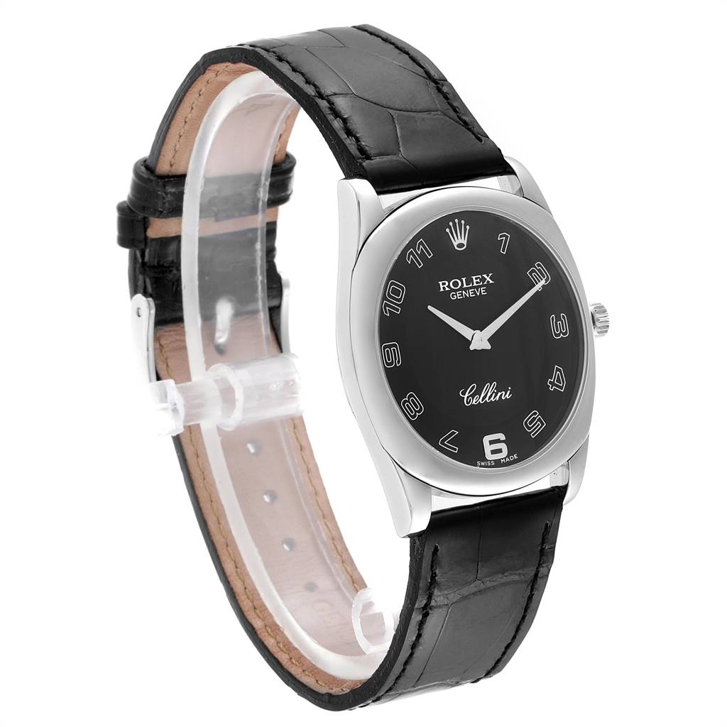 The image shows a Rolex Cellini 4233 Men's White Gold Black Dial 4233 Men's White Gold Black Dial watch at a front-left angle, highlighting its black dial, silver case, and black leather strap.