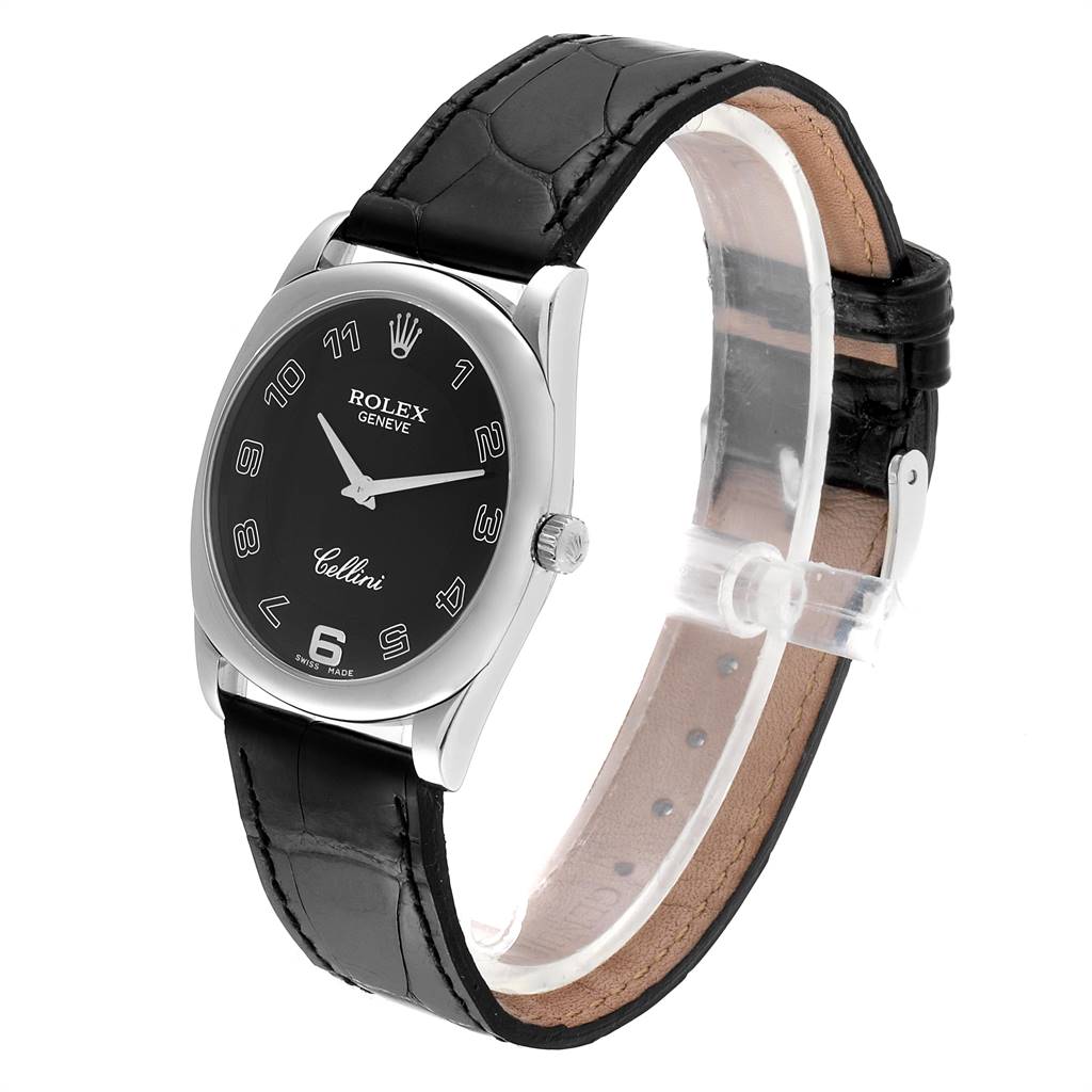 The Rolex Cellini 4233 Men's White Gold Black Dial 4233 Men's White Gold Black Dial watch is shown at an angled side view, displaying the black dial, leather strap, and stainless steel case.