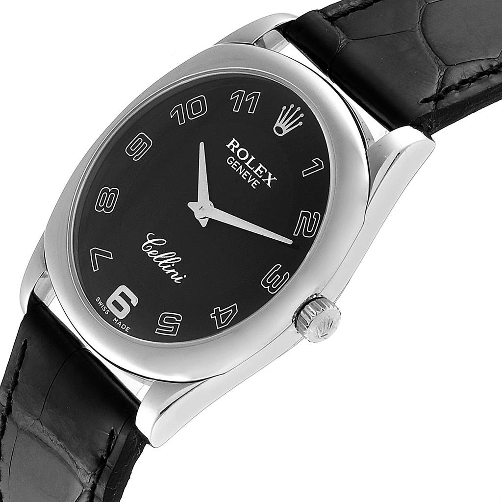This image shows a Rolex Cellini 4233 Men's White Gold Black Dial 4233 Men's White Gold Black Dial watch at an angled view, highlighting the dial, case, bezel, crown, and leather strap.