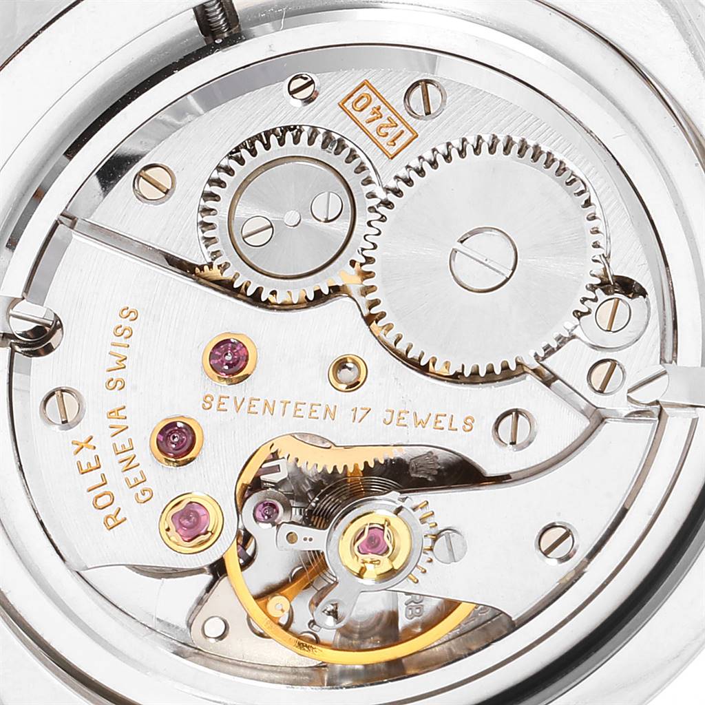 The image shows the internal movement mechanism of a Rolex Cellini 5240 Men's Platinum Mother of Pearl Dial 5240 Men's Platinum Mother of Pearl Dial watch.