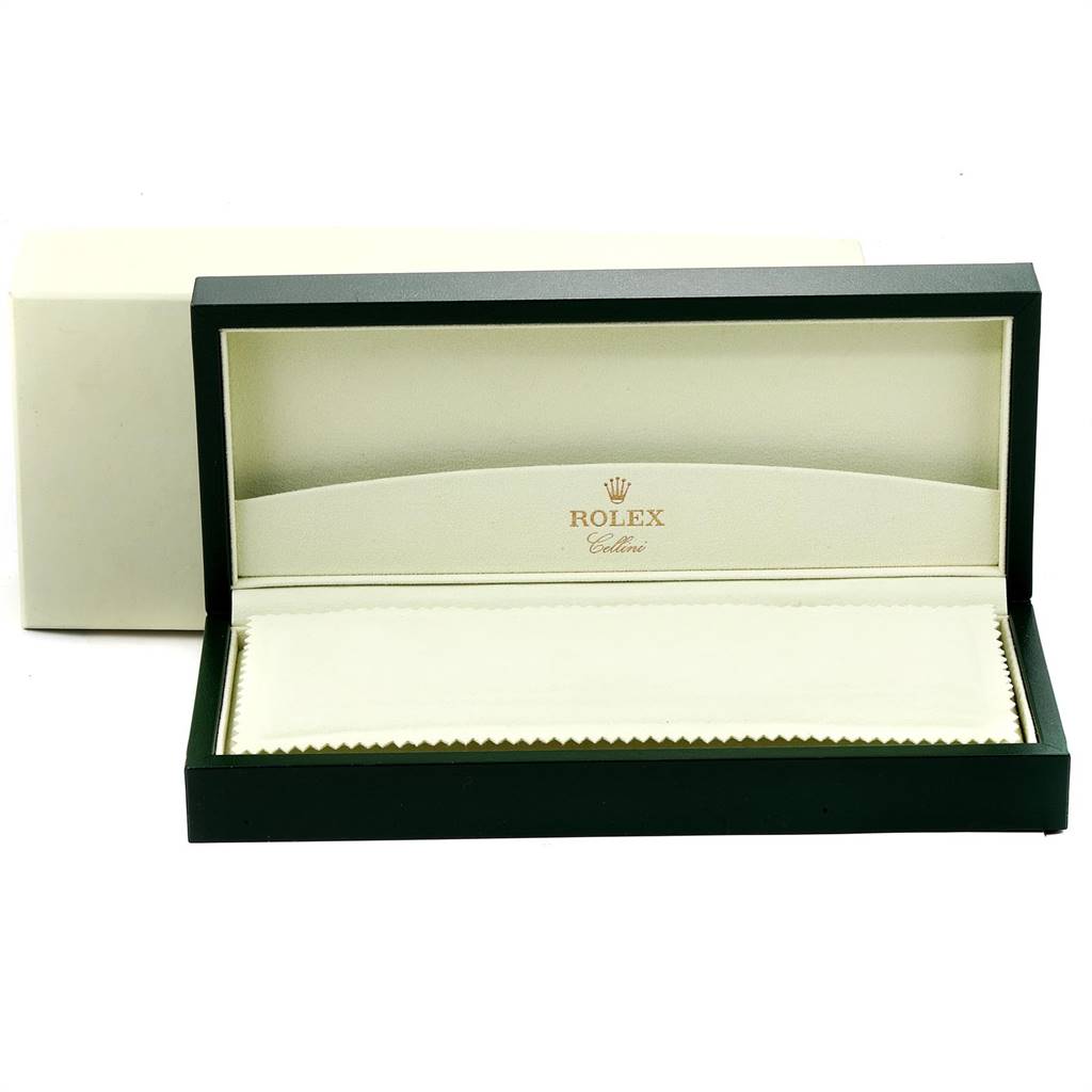 The image shows an open Rolex Cellini 5240 Men's Platinum Mother of Pearl Dial 5240 Men's Platinum Mother of Pearl Dial model watch box, viewed from the front, with its internal padding and logo visible.