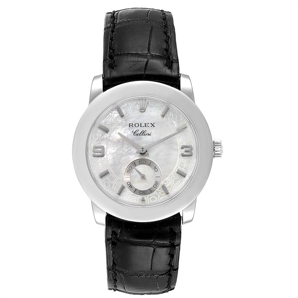 This image shows a front view of the Rolex Cellini 5240 Men's Platinum Mother of Pearl Dial 5240 Men's Platinum Mother of Pearl Dial watch, featuring a black leather strap and a mother-of-pearl dial.