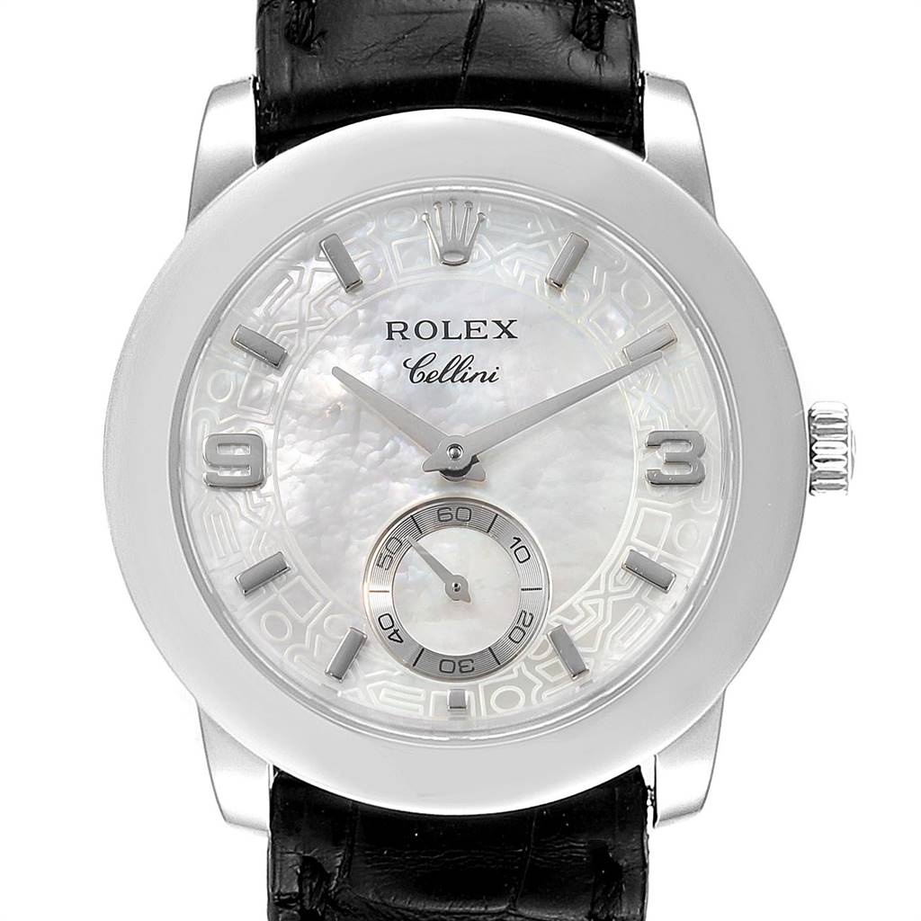 The image shows a frontal view of the Rolex Cellini 5240 Men's Platinum Mother of Pearl Dial 5240 Men's Platinum Mother of Pearl Dial watch, featuring its dial, hands, indices, and leather strap.