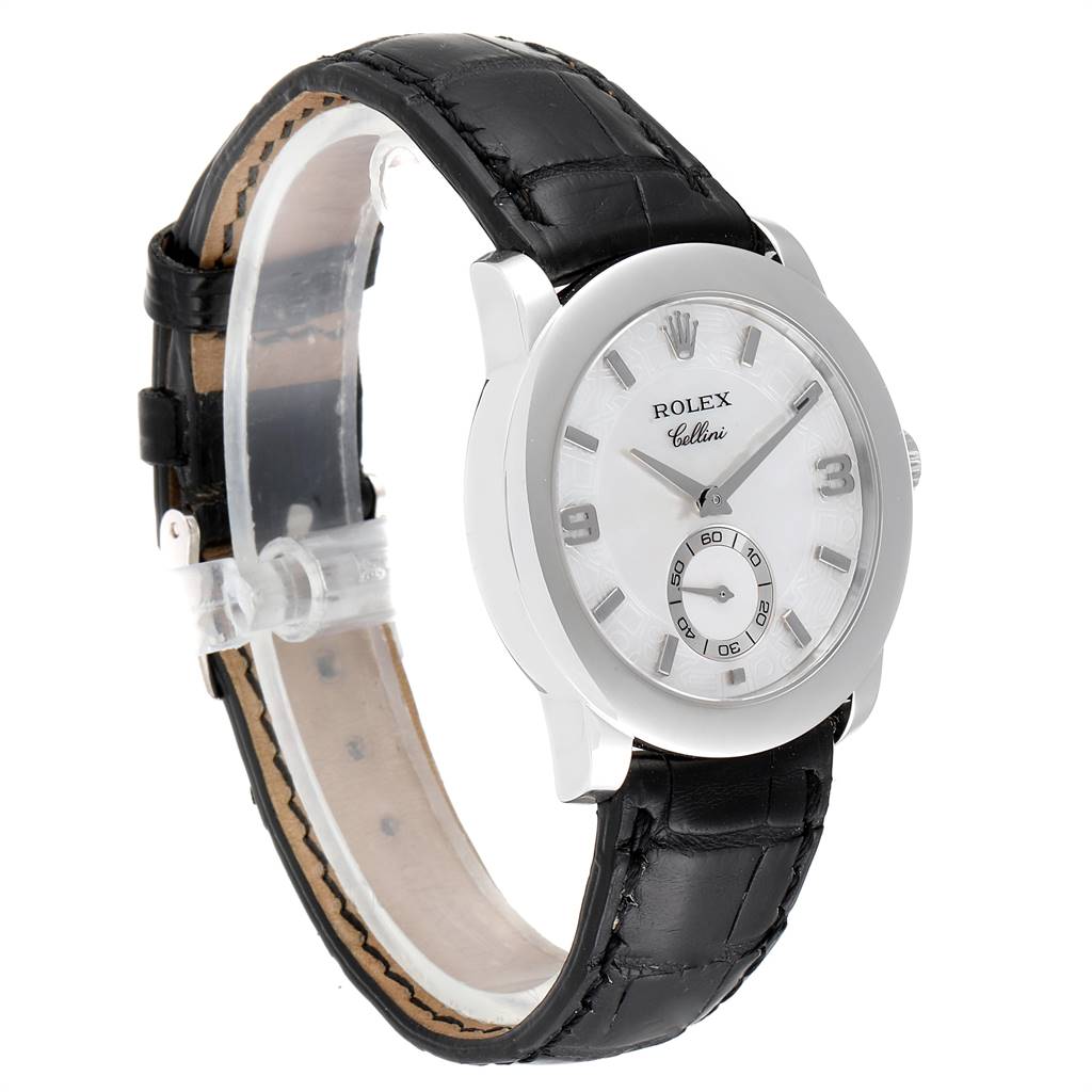 This image shows a side-angle view of a Rolex Cellini 5240 Men's Platinum Mother of Pearl Dial 5240 Men's Platinum Mother of Pearl Dial watch, showcasing its face and black leather strap.