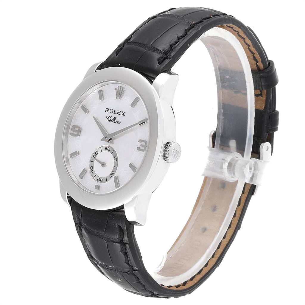 The Rolex Cellini 5240 Men's Platinum Mother of Pearl Dial 5240 Men's Platinum Mother of Pearl Dial watch is shown at an angle highlighting its face, leather strap, crown, and part of its clasp.