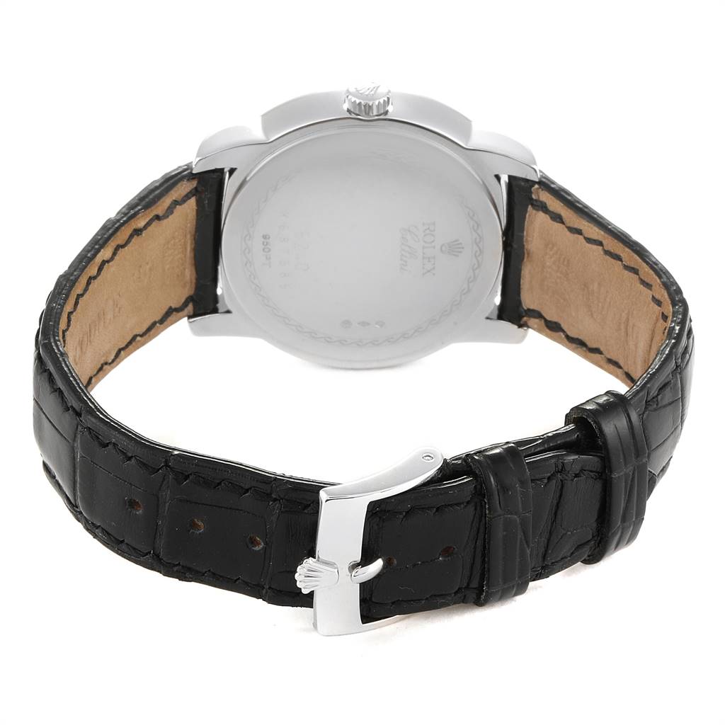 This image shows the back and side profile of a Rolex Cellini 5240 Men's Platinum Mother of Pearl Dial 5240 Men's Platinum Mother of Pearl Dial watch, focusing on the strap and buckle.