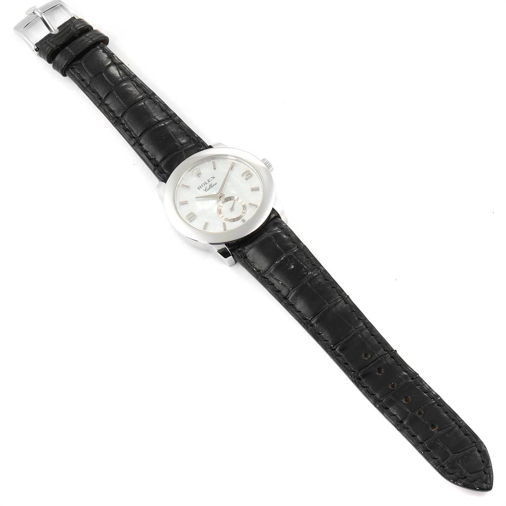The image shows a Rolex Cellini 5240 Men's Platinum Mother of Pearl Dial 5240 Men's Platinum Mother of Pearl Dial watch with a black leather strap, viewed from a top-down angle.