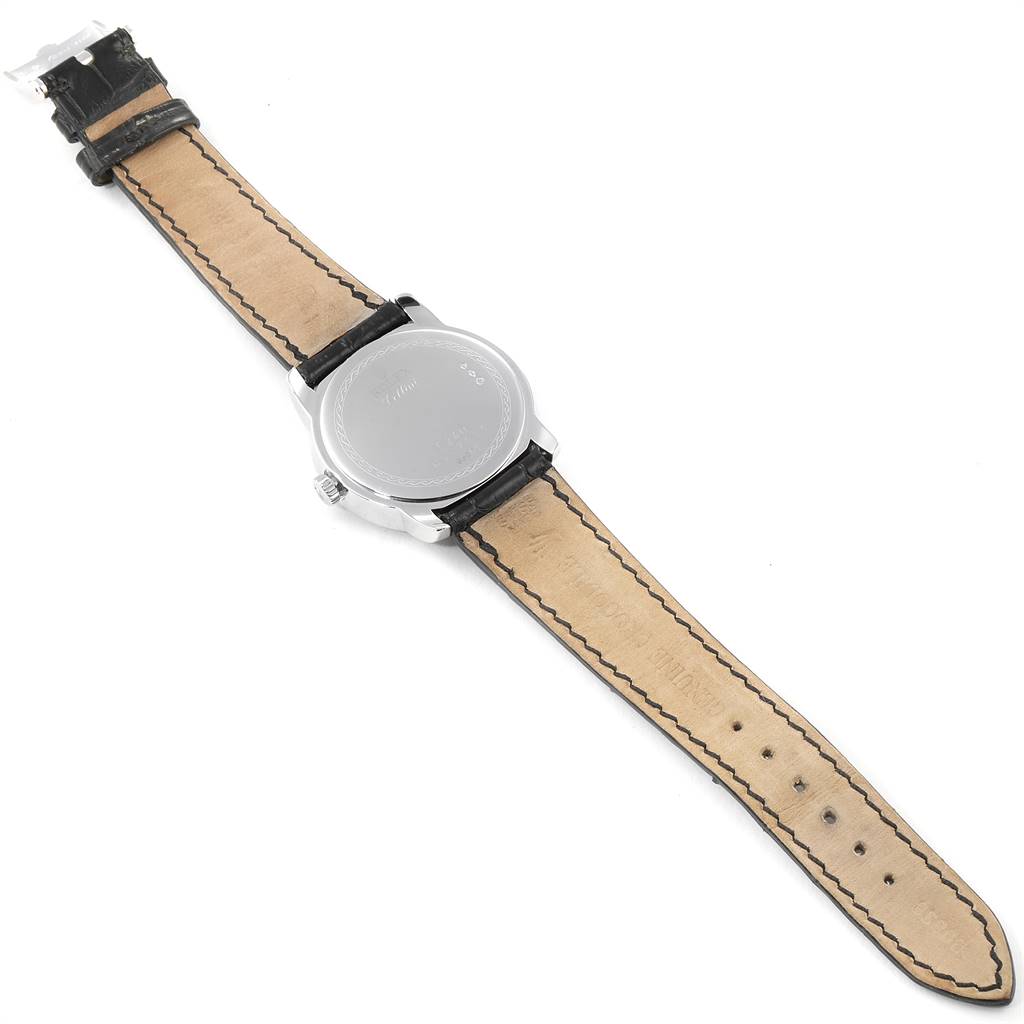 The image shows the back side of the strap and case back of a Rolex Cellini 5240 Men's Platinum Mother of Pearl Dial 5240 Men's Platinum Mother of Pearl Dial watch, laid flat.