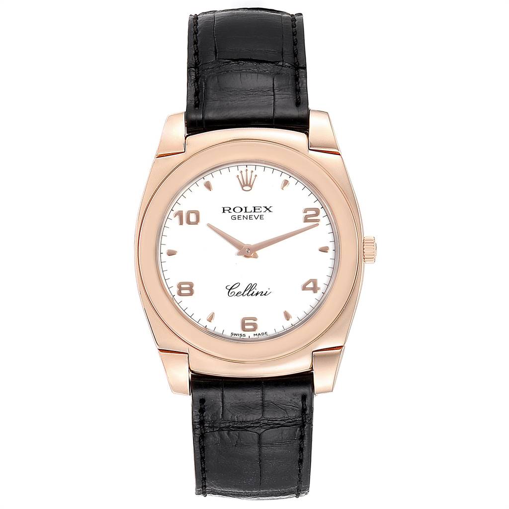This Rolex Cellini 5330 Men's Rose Gold White Dial 5330 Men's Rose Gold White Dial watch is shown from the front, displaying its face, bezel, and leather strap.