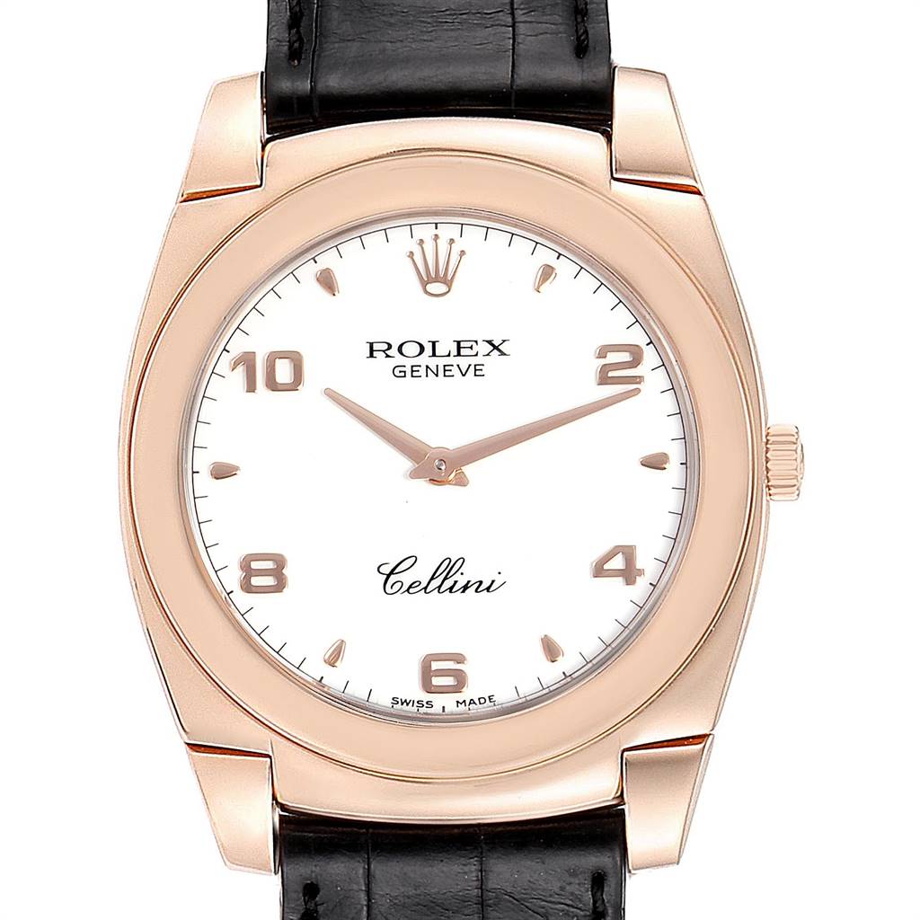 The image shows a front view of a Rolex Cellini 5330 Men's Rose Gold White Dial 5330 Men's Rose Gold White Dial watch, including the face, bezel, crown, and leather strap.