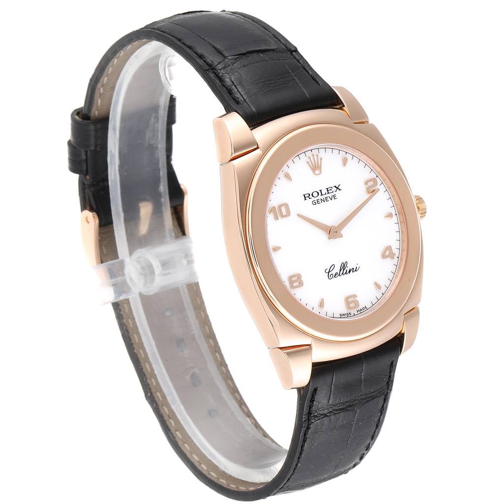 This image shows a Rolex Cellini 5330 Men's Rose Gold White Dial 5330 Men's Rose Gold White Dial watch at a slight angle, highlighting its black leather strap, rose gold case, and white dial.