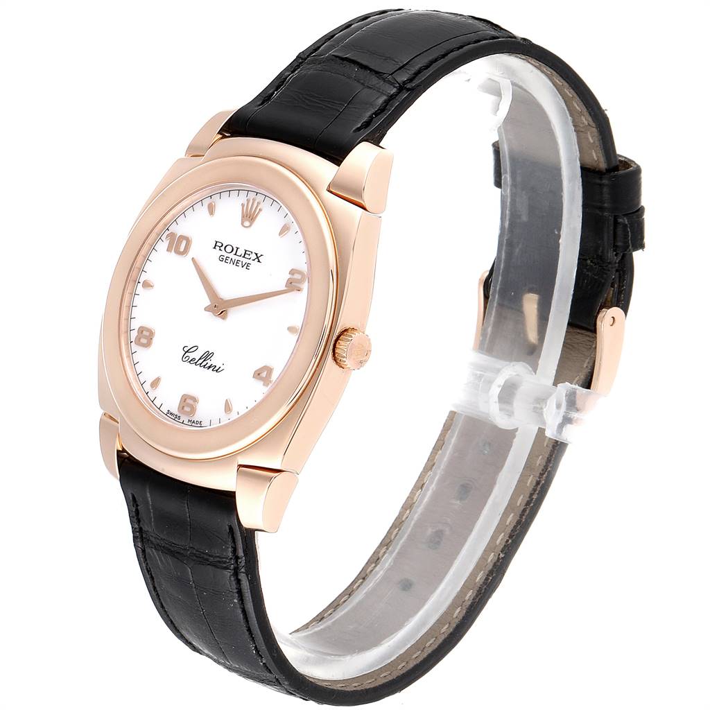 The image shows a side-angle view of a Rolex Cellini 5330 Men's Rose Gold White Dial 5330 Men's Rose Gold White Dial watch, highlighting the case, dial, crown, and leather strap.