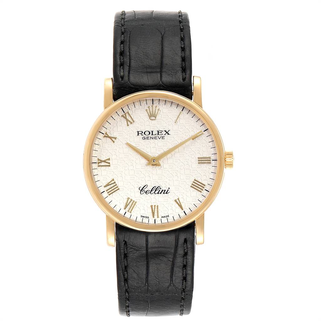 This image shows a front view of a Rolex Cellini 5115 Men's Yellow Gold Beige Dial 5115 Men's Yellow Gold Beige Dial model watch with a white dial and black leather strap.