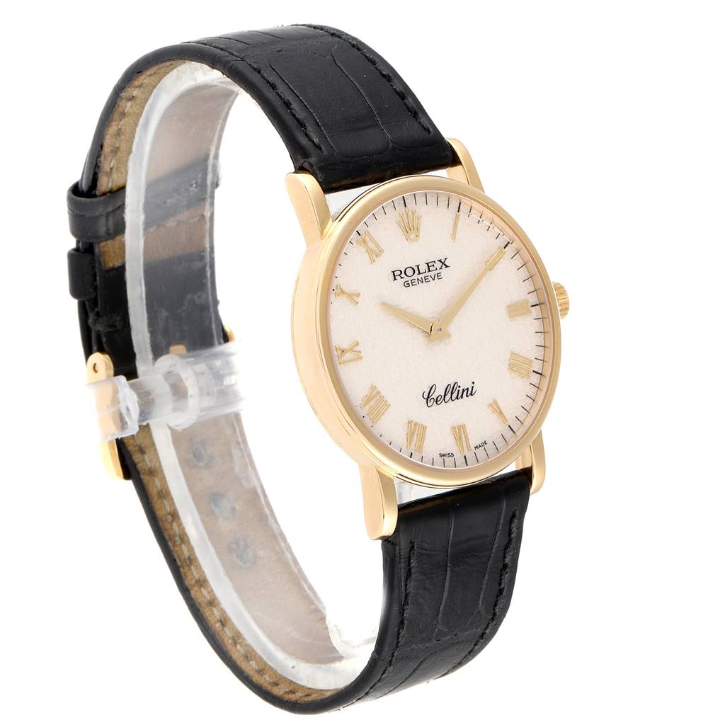 This Rolex Cellini 5115 Men's Yellow Gold Beige Dial 5115 Men's Yellow Gold Beige Dial watch is shown at a slight angle highlighting the face, strap, and side profile.