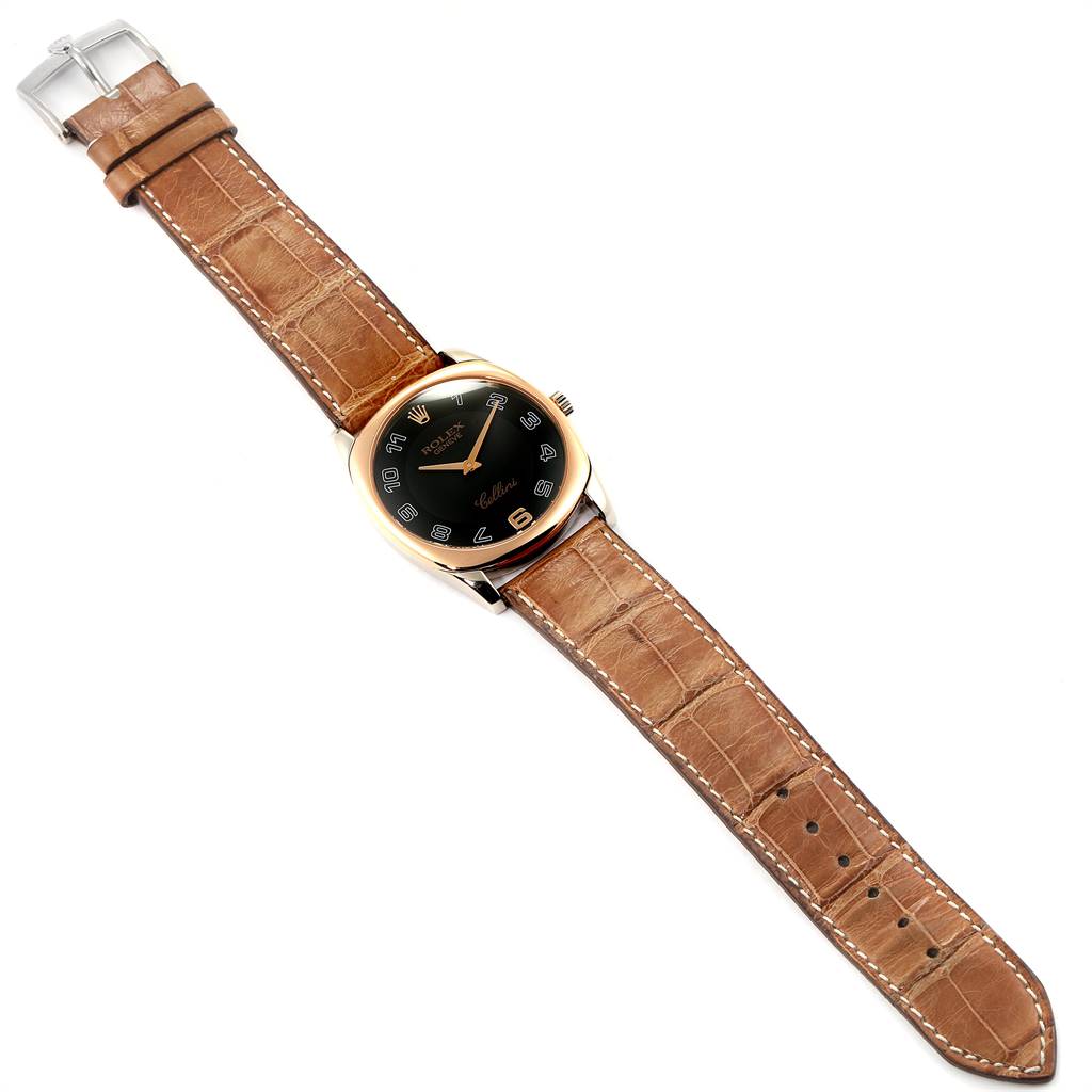 The image shows a top-down view of a Rolex Cellini 4233 White Gold Black Dial 4233 White Gold Black Dial watch with a black dial and brown leather strap.