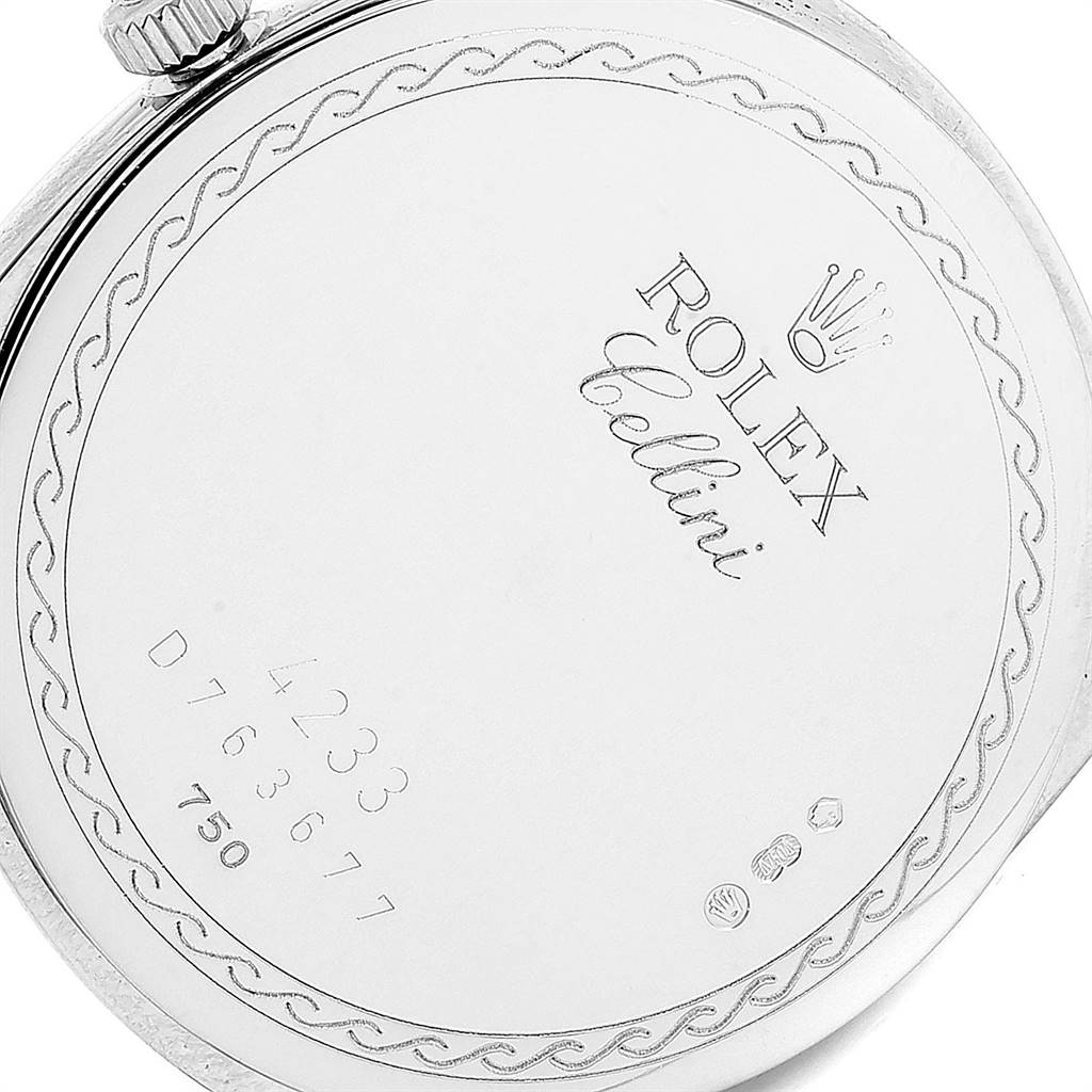 This image shows the case back and crown of a Rolex Cellini 4233 White Gold Black Dial 4233 White Gold Black Dial watch at an angled close-up.