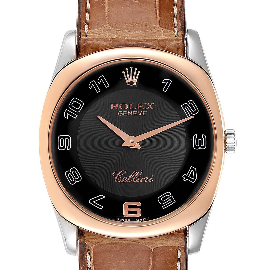 The image shows a front view of a Rolex Cellini 4233 White Gold Black Dial 4233 White Gold Black Dial watch, highlighting its dial, bezel, and leather strap.