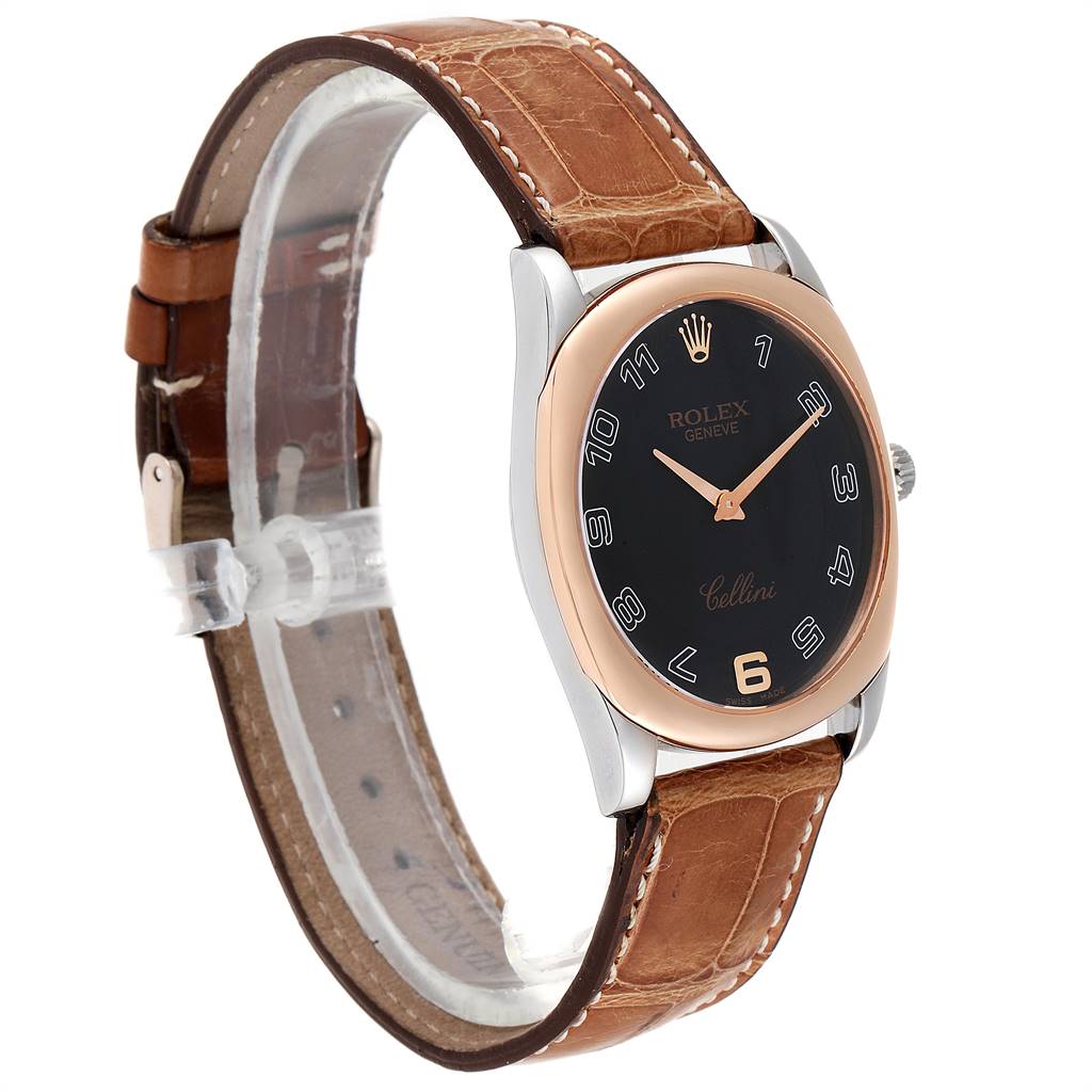 The image shows a side-angle view of a Rolex Cellini 4233 White Gold Black Dial 4233 White Gold Black Dial watch with its face, bezel, and strap visible.