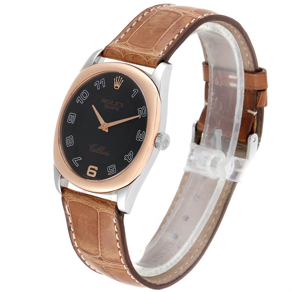 The Rolex Cellini 4233 White Gold Black Dial 4233 White Gold Black Dial watch is shown at a slight angle, displaying its face, bezel, crown, and brown leather strap.