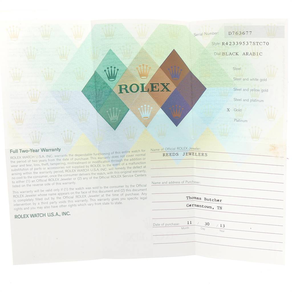 The image shows a warranty card for the Rolex Cellini 4233 White Gold Black Dial 4233 White Gold Black Dial model, detailing serial numbers, style, dial, and purchase information.