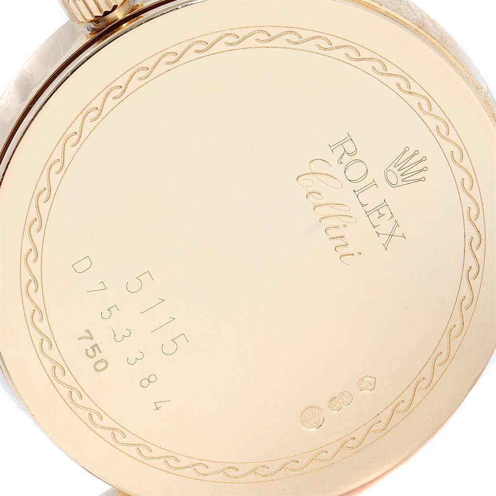The image shows the back case of a Rolex Cellini 5115 Men's Yellow Gold Silver Dial 5115 Men's Yellow Gold Silver Dial watch, emphasizing its engraved details.