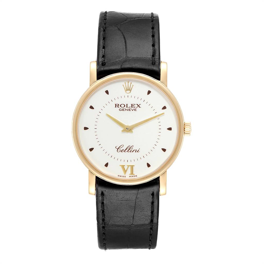 The Rolex Cellini 5115 Men's Yellow Gold Silver Dial 5115 Men's Yellow Gold Silver Dial model watch is shown from a head-on angle, displaying its dial, case, and black leather strap.