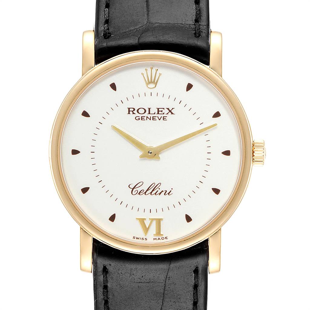This image shows a front view of the Rolex Cellini 5115 Men's Yellow Gold Silver Dial 5115 Men's Yellow Gold Silver Dial watch, highlighting its dial, hands, crown, and leather strap.