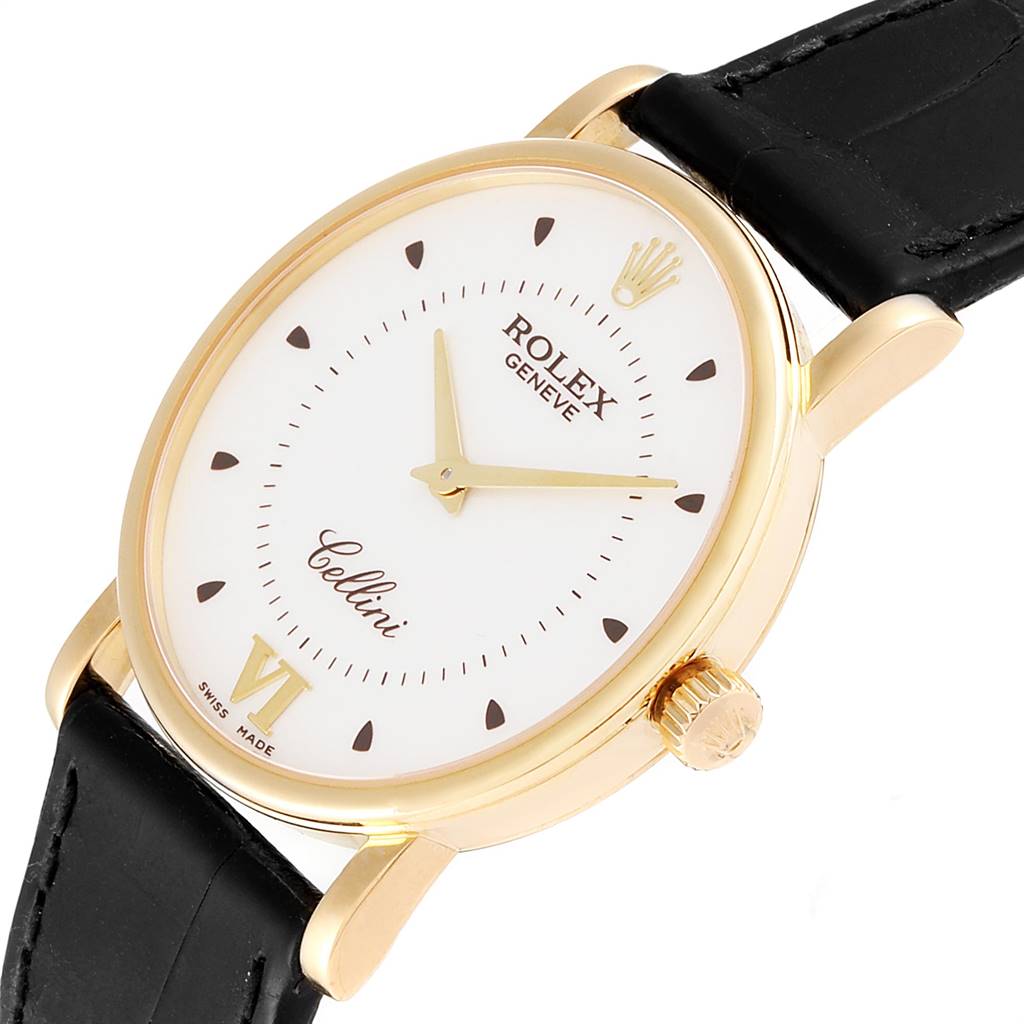 The Rolex Cellini 5115 Men's Yellow Gold Silver Dial 5115 Men's Yellow Gold Silver Dial watch is shown at an angled top view highlighting the dial, hands, crown, and leather strap.