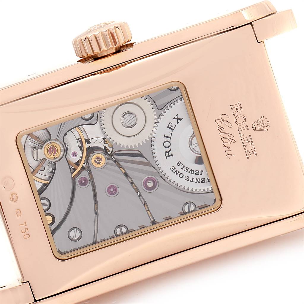 The image shows the back view of a Rolex Cellini 5442/5 Men's Rose Gold Black Dial 5442/5 Men's Rose Gold Black Dial watch, highlighting its internal mechanical movement.