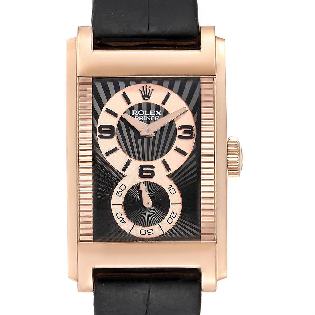 The image shows a front view of the Rolex Cellini 5442/5 Men's Rose Gold Black Dial 5442/5 Men's Rose Gold Black Dial Prince watch, displaying the face, dial, bezel, and part of the strap.