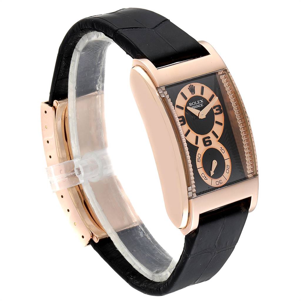 This image shows a side angle of a Rolex Cellini 5442/5 Men's Rose Gold Black Dial 5442/5 Men's Rose Gold Black Dial watch featuring a rose gold case and a black leather strap.