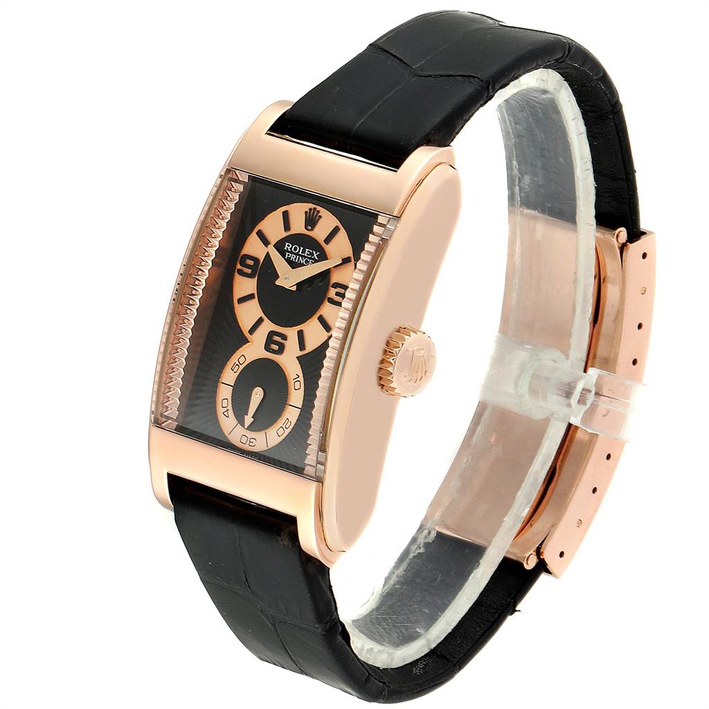 This image shows a Rolex Cellini 5442/5 Men's Rose Gold Black Dial 5442/5 Men's Rose Gold Black Dial watch angled to display the face, crown, and part of the black leather strap.