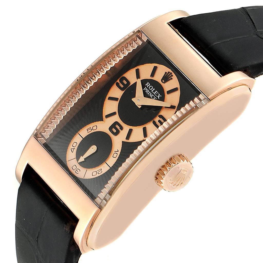 The image shows a side view of a Rolex Cellini 5442/5 Men's Rose Gold Black Dial 5442/5 Men's Rose Gold Black Dial Prince watch, highlighting the black dial, rose gold case, and crown.