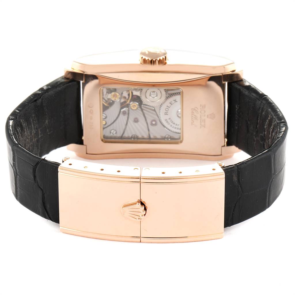 The image shows the back view of a Rolex Cellini 5442/5 Men's Rose Gold Black Dial 5442/5 Men's Rose Gold Black Dial watch, highlighting the movement and clasp.