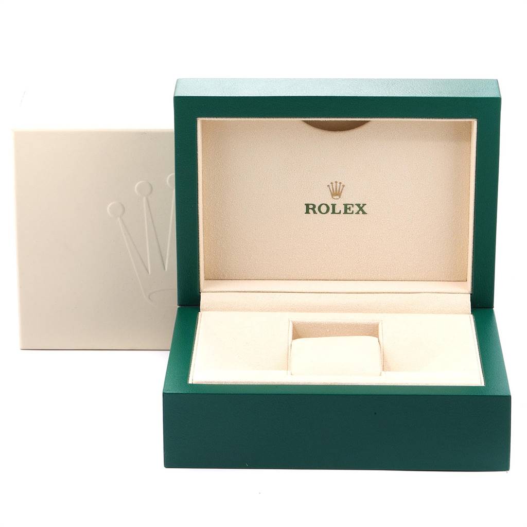 This image shows an open Rolex Cellini 5442/5 Men's Rose Gold Black Dial 5442/5 Men's Rose Gold Black Dial watch box with a green exterior and beige interior.