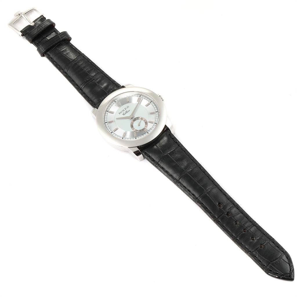 The image shows a Rolex Cellini 5241 Men's Platinum Blue Dial 5241 Men's Platinum Blue Dial watch from a top-down angle, highlighting its black leather strap and round dial.