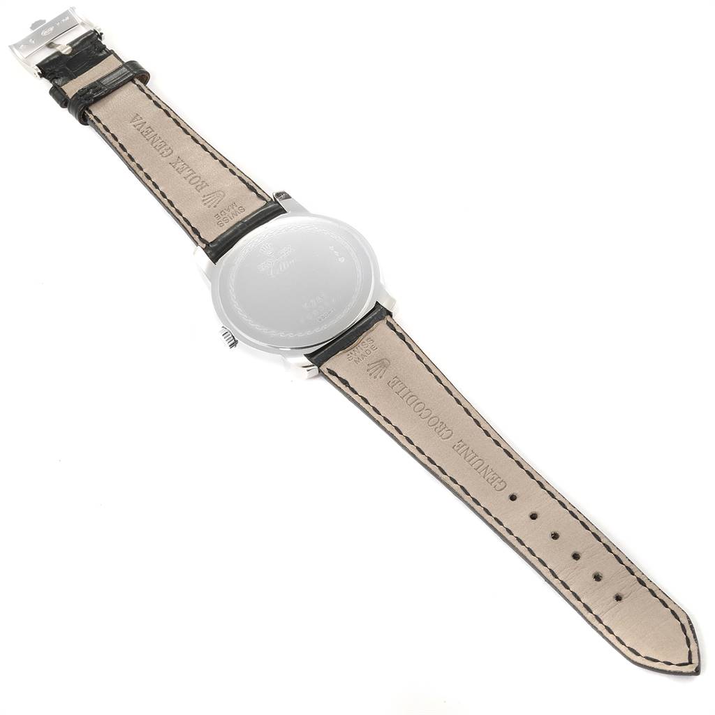 The image shows the back view of a Rolex Cellini 5241 Men's Platinum Blue Dial 5241 Men's Platinum Blue Dial watch with the strap fully extended.