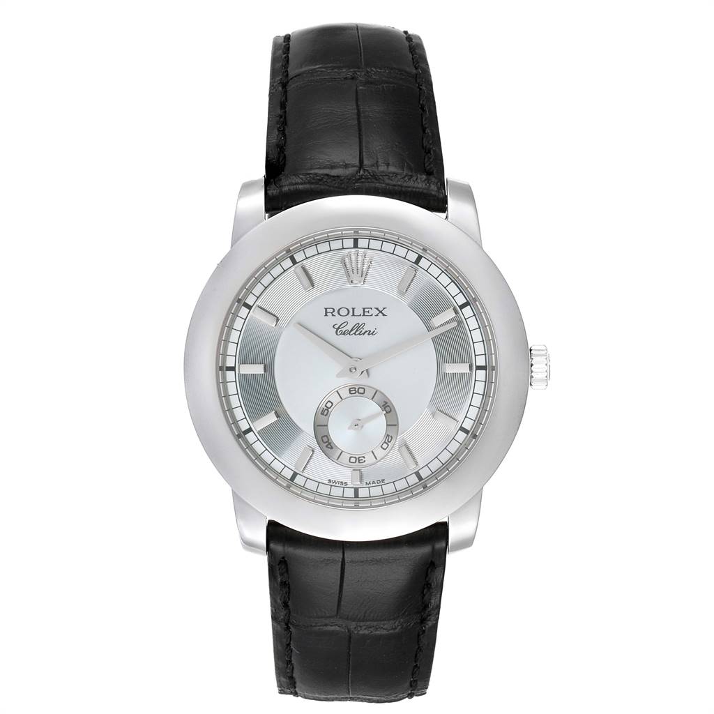 The Rolex Cellini 5241 Men's Platinum Blue Dial 5241 Men's Platinum Blue Dial watch is shown from the front, displaying its dial, hands, and leather strap.