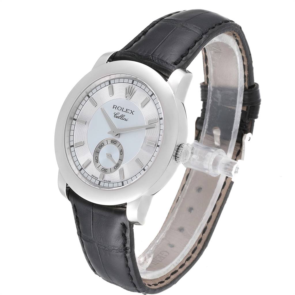 The Rolex Cellini 5241 Men's Platinum Blue Dial 5241 Men's Platinum Blue Dial watch is shown at a three-quarter angle, highlighting its face, bezel, and black leather strap.