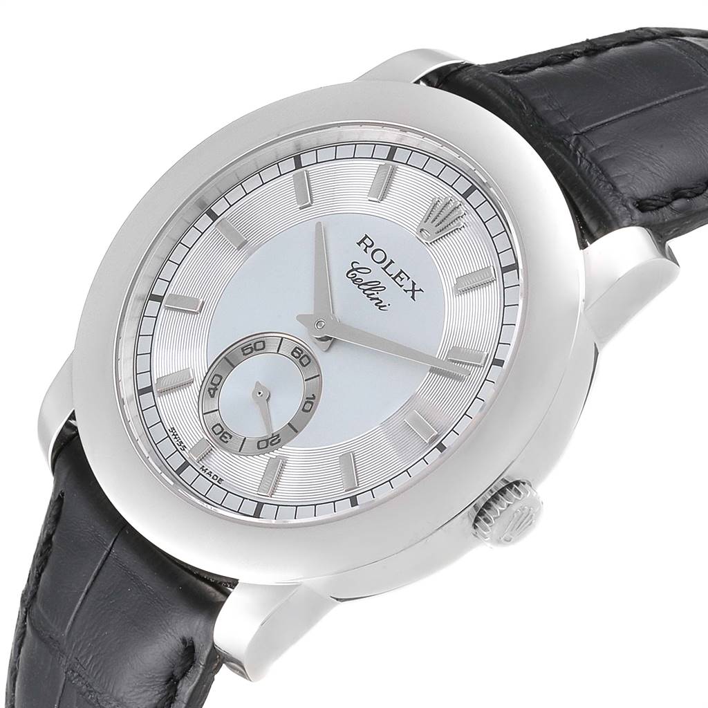 This image shows the dial and bezel of a Rolex Cellini 5241 Men's Platinum Blue Dial 5241 Men's Platinum Blue Dial watch at a slight angle, highlighting its black leather strap.